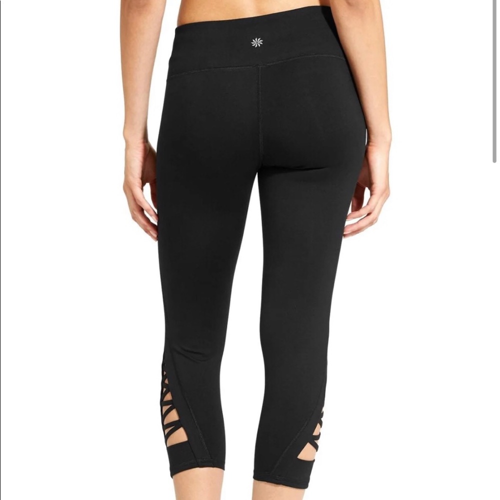 Athleta Black Cropped Leggings with Back Waist Logo and Lattice Hem